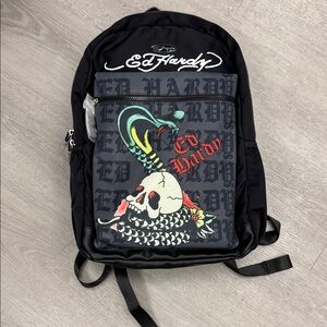 Ed Hardy Black Backpack with Colorful Skull Art